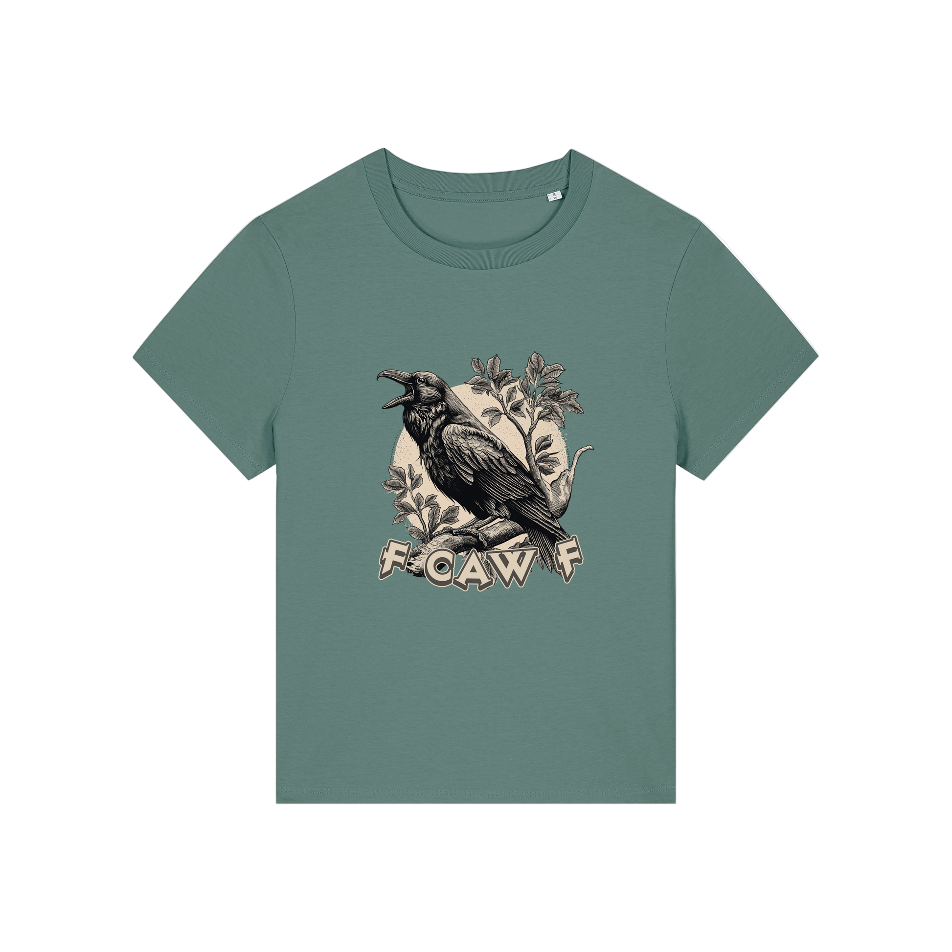 green funny animal t-shirt with the graphic of a crow and the slogan 'fcawf'