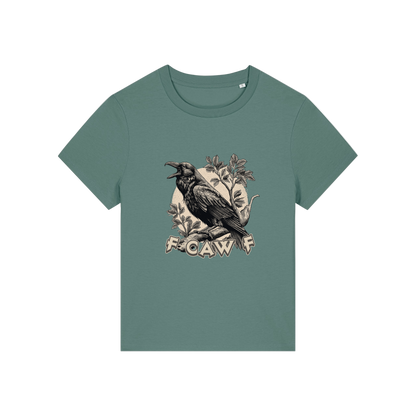 green funny animal t-shirt with the graphic of a crow and the slogan 'fcawf'