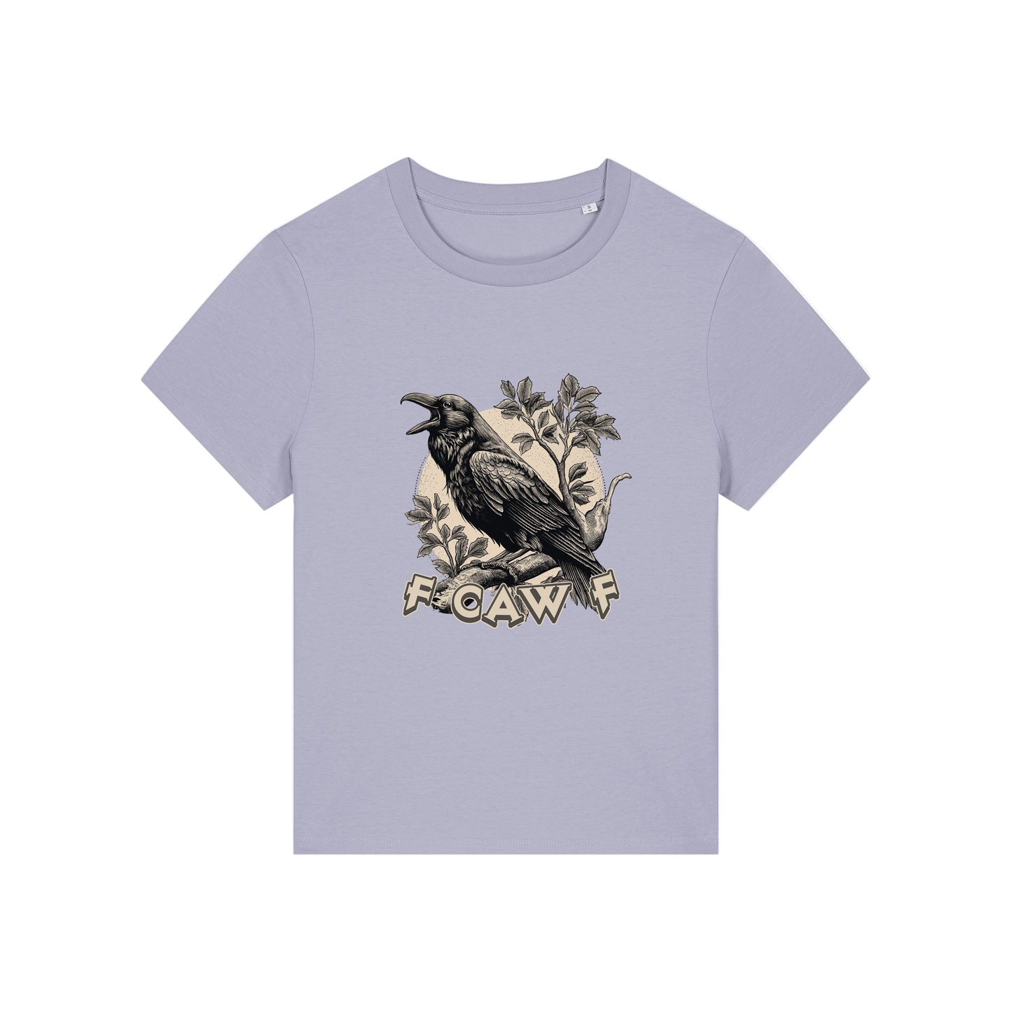 lavender funny animal t-shirt with the graphic of a crow and the slogan 'fcawf'