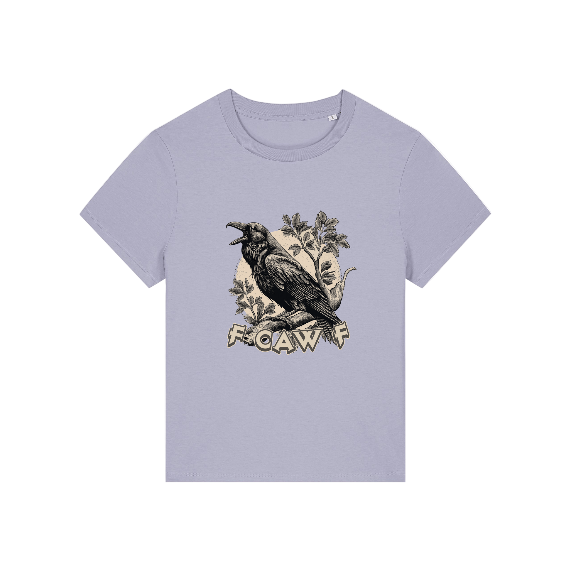 lavender funny animal t-shirt with the graphic of a crow and the slogan 'fcawf'