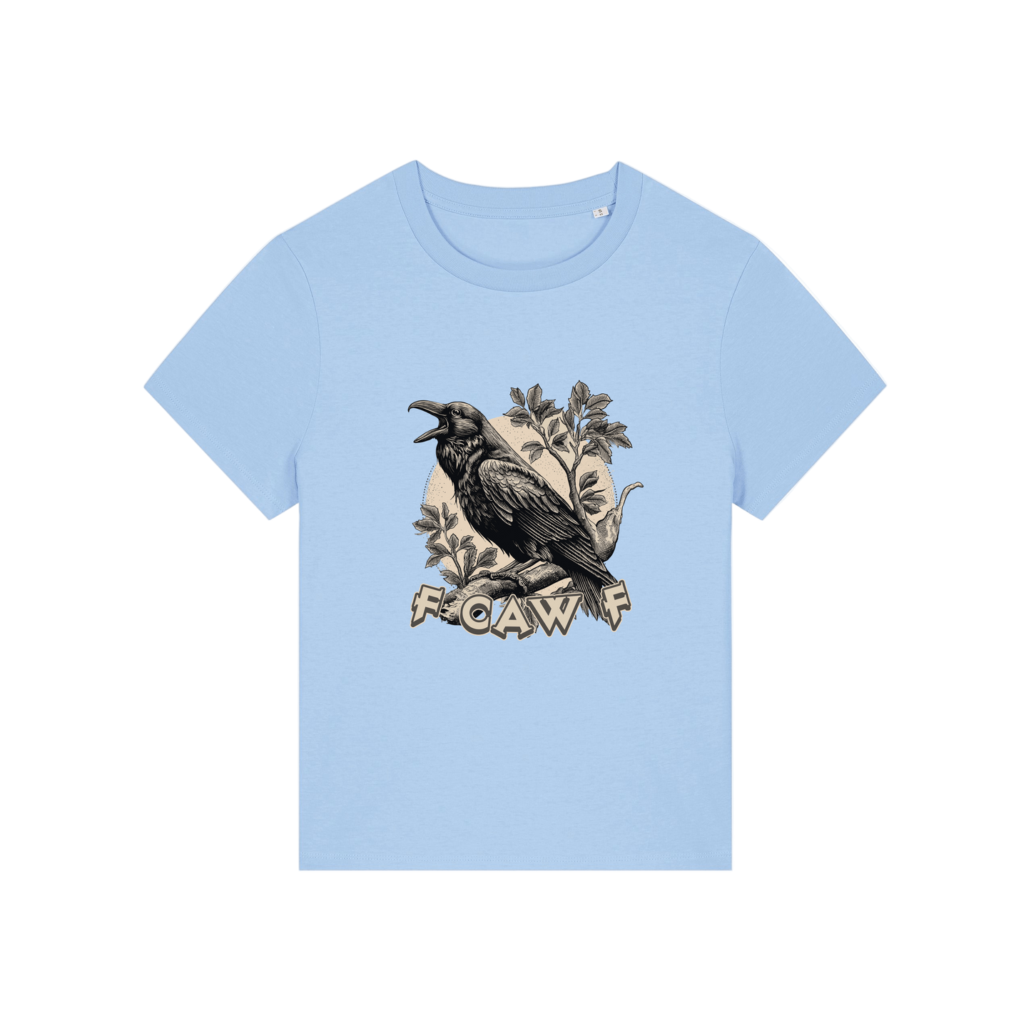 light blue funny animal t-shirt with the graphic of a crow and the slogan 'fcawf'