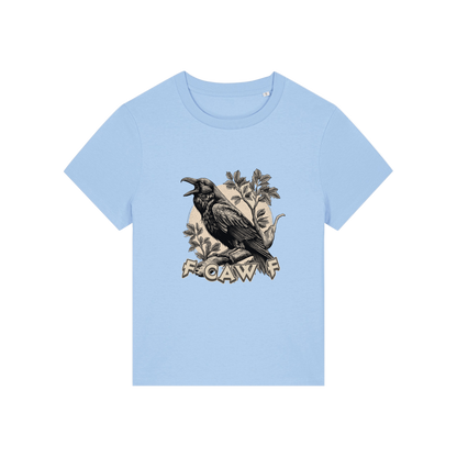light blue funny animal t-shirt with the graphic of a crow and the slogan 'fcawf'