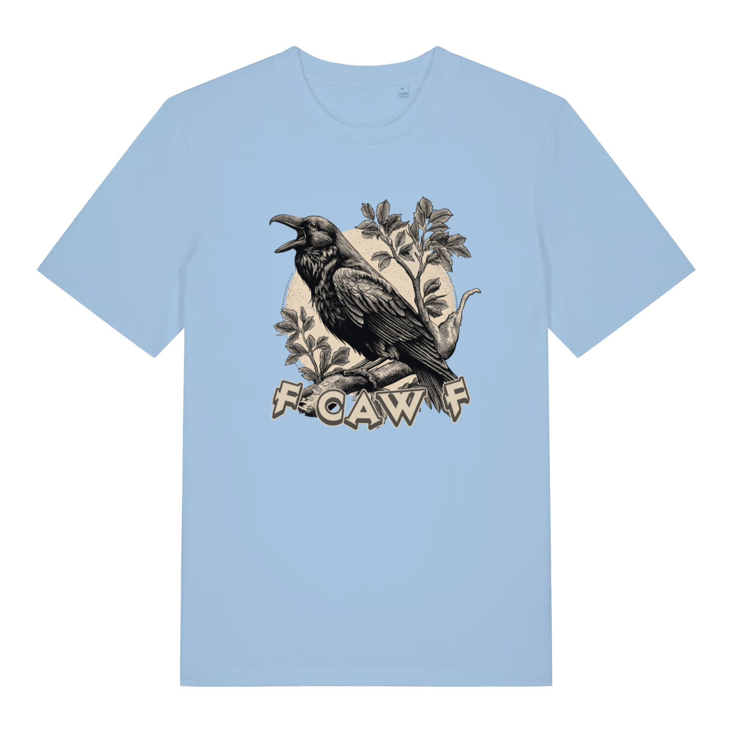 light blue women's funny animal t-shirt with the graphic of a crow and the text 'Fcawf'