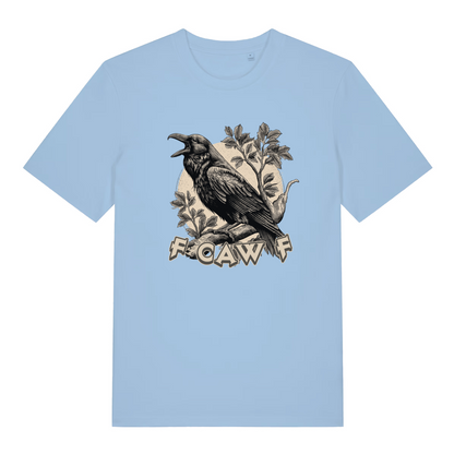 light blue women's funny animal t-shirt with the graphic of a crow and the text 'Fcawf'