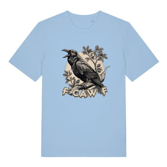 light blue women's funny animal t-shirt with the graphic of a crow and the text 'Fcawf'
