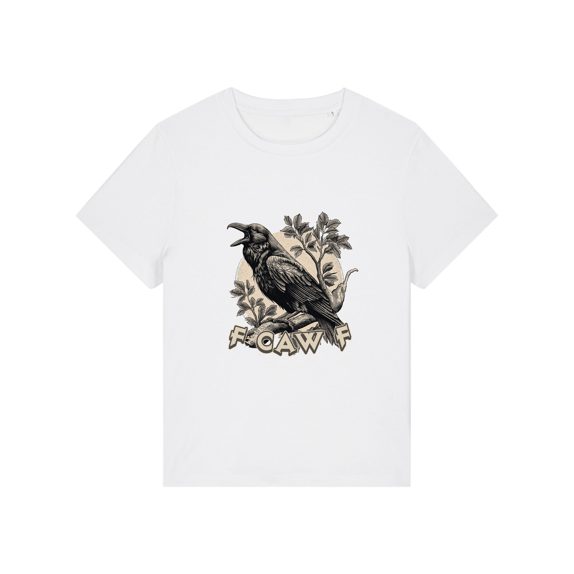 white funny animal t-shirt with the graphic of a crow and the slogan 'fcawf'