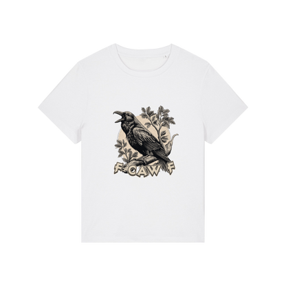 white funny animal t-shirt with the graphic of a crow and the slogan 'fcawf'