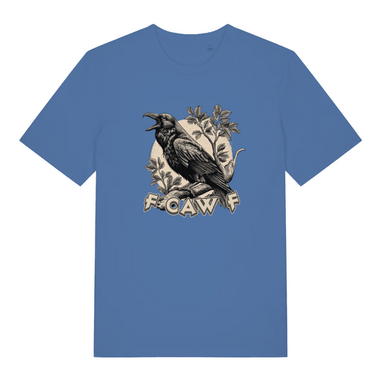 blue funny offensive t-shirt with the graphic of a crow and the slogan 'fcawf'