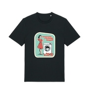 Black funny offensive t-shirt with a graphic design featuring a retro housewife stood next to a washing machine and the slogan 'i used to be fucking stupid but we broke up' 