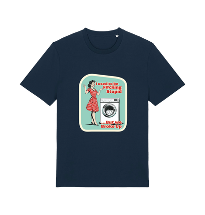 navy funny offensive t-shirt with a graphic design featuring a retro housewife stood next to a washing machine and the slogan 'i used to be fucking stupid but we broke up' 