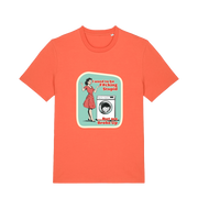 orange funny offensive t-shirt with a graphic design featuring a retro housewife stood next to a washing machine and the slogan 'i used to be fucking stupid but we broke up' 