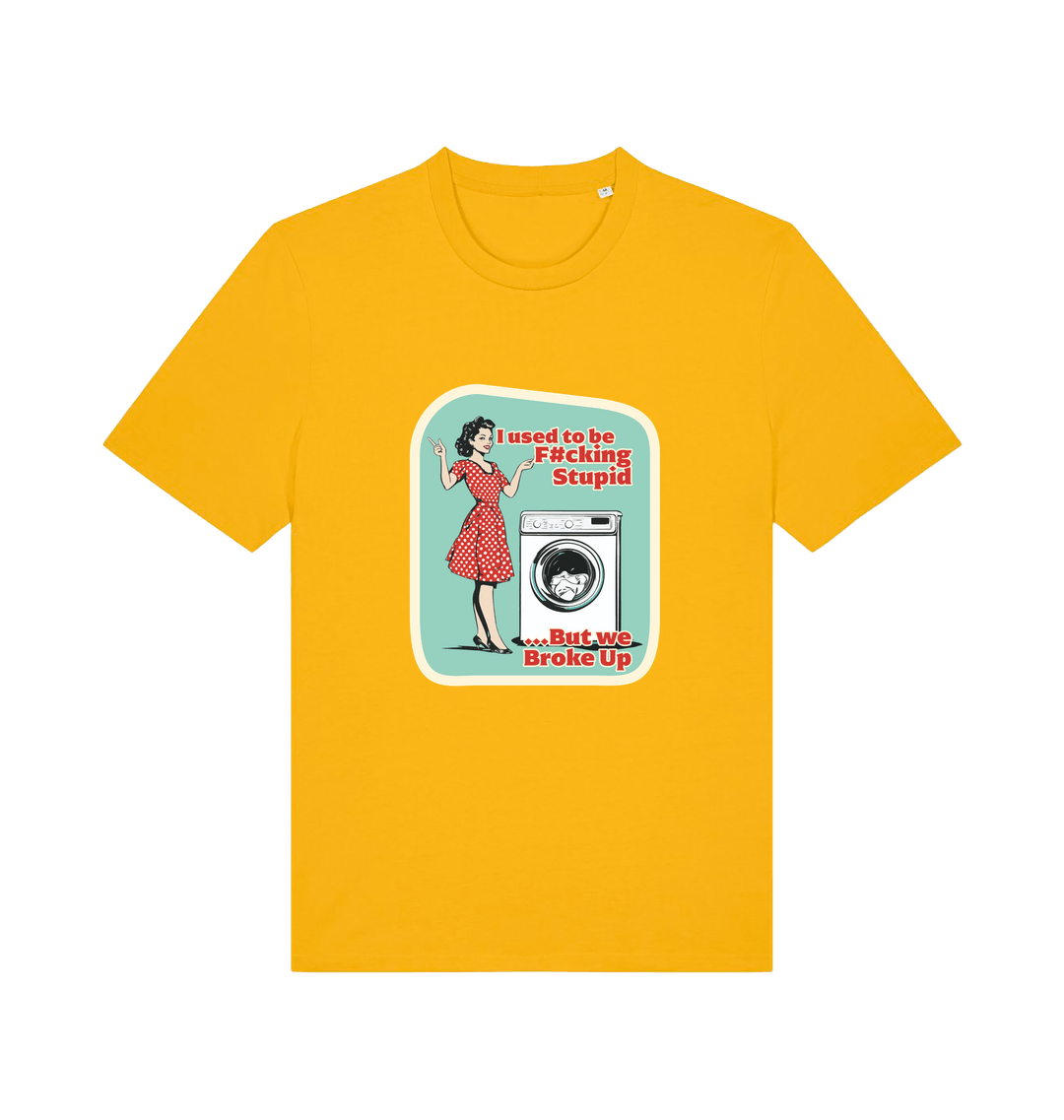 yellow funny offensive t-shirt with a graphic design featuring a retro housewife stood next to a washing machine and the slogan 'i used to be fucking stupid but we broke up' 