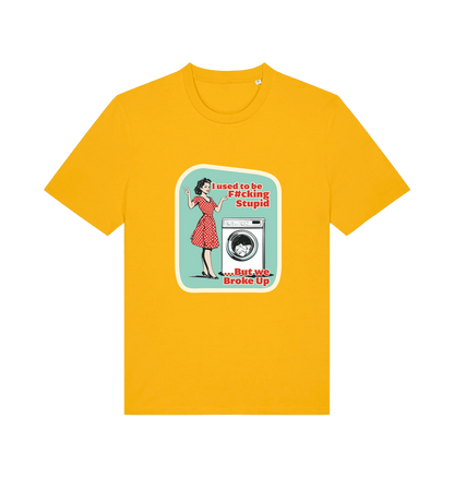 yellow funny offensive t-shirt with a graphic design featuring a retro housewife stood next to a washing machine and the slogan 'i used to be fucking stupid but we broke up' 