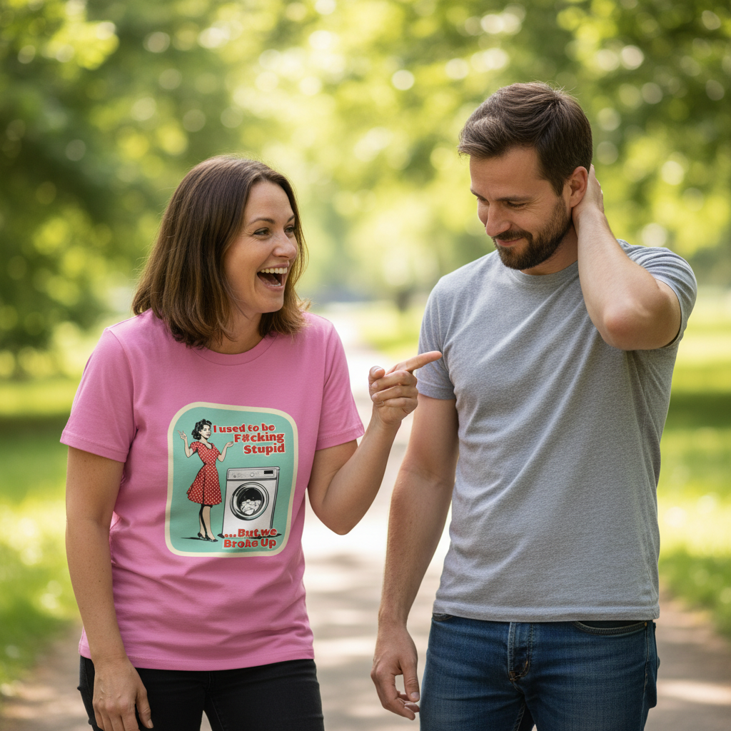 Two people outdoors, one wearing a pink t-shirt with a graphic design, pointing at the other.