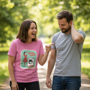 Two people outdoors, one wearing a pink t-shirt with a graphic design, pointing at the other.