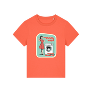 orange funny offensive t-shirt with the graphic of a retro housewife stood next to a washing machine and the slogan 'i used to be fucking stupid .. but we broke up'