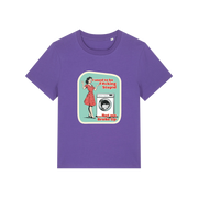 purple funny offensive t-shirt with the graphic of a retro housewife stood next to a washing machine and the slogan 'i used to be fucking stupid .. but we broke up'