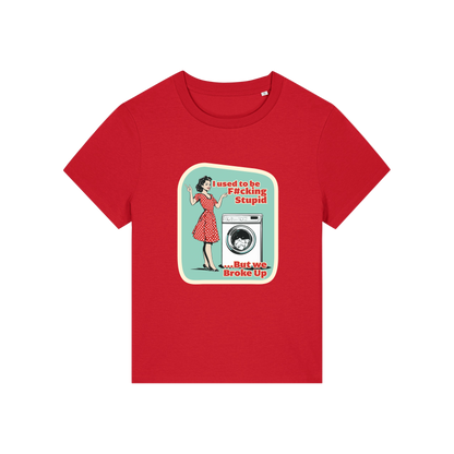 red funny offensive t-shirt with the graphic of a retro housewife stood next to a washing machine and the slogan 'i used to be fucking stupid .. but we broke up'