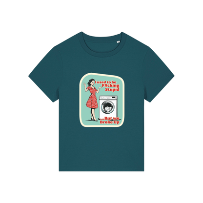 teal funny offensive t-shirt with the graphic of a retro housewife stood next to a washing machine and the slogan 'i used to be fucking stupid .. but we broke up'