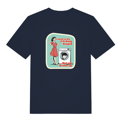 navy funny graphic t-shirt with a retro 1950's housewife stood next to a washing machine and the slogan 'i used to be fucking stupid but we broke up'