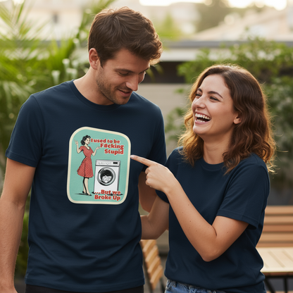 Two people wearing navy blue t-shirts with a humorous graphic design outdoors.