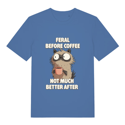 Bright Blue Feral Before Coffee T-shirt flat lay with wild-eyed cat holding mug graphic