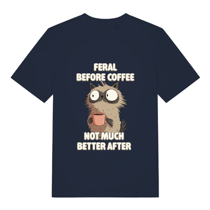 French Navy Feral Before Coffee T-shirt flat lay featuring funny feral cat coffee slogan