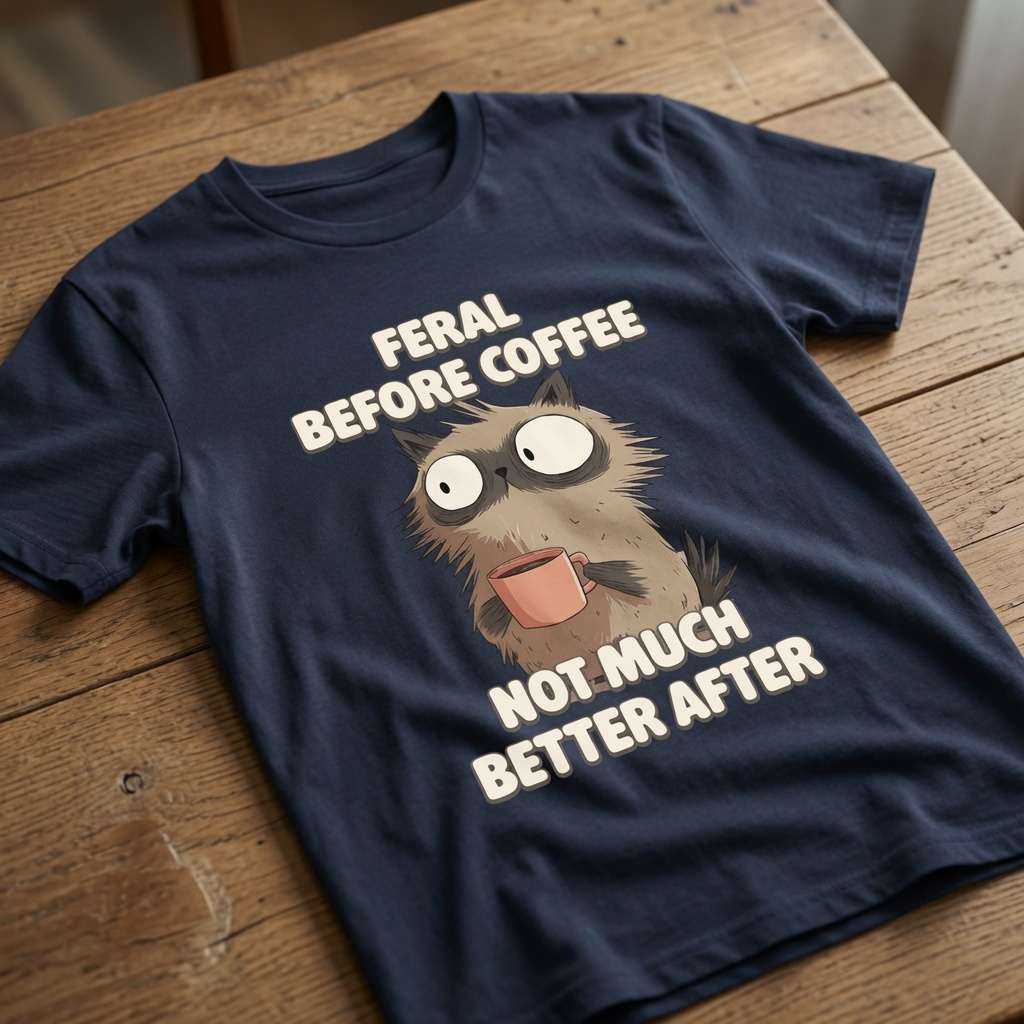 French navy Feral Before Coffee Not Much Better After t-shirt on wood, funny cheeky mens coffee cat graphic