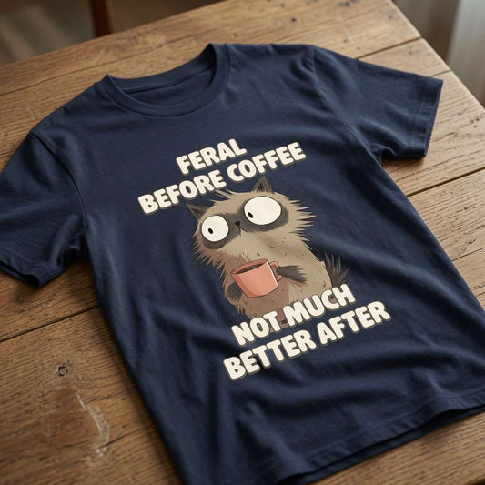 French navy Feral Before Coffee Not Much Better After t-shirt on wood, funny cheeky mens coffee cat graphic