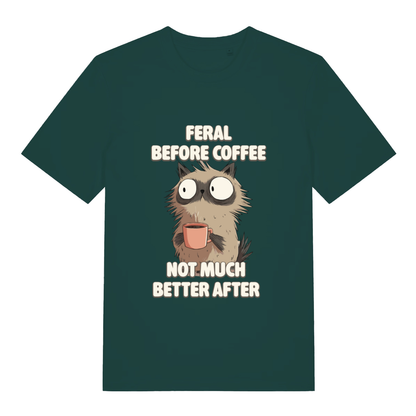 Glazed Green Feral Before Coffee T-shirt flat lay showing grumpy cat "Not Much Better After" design