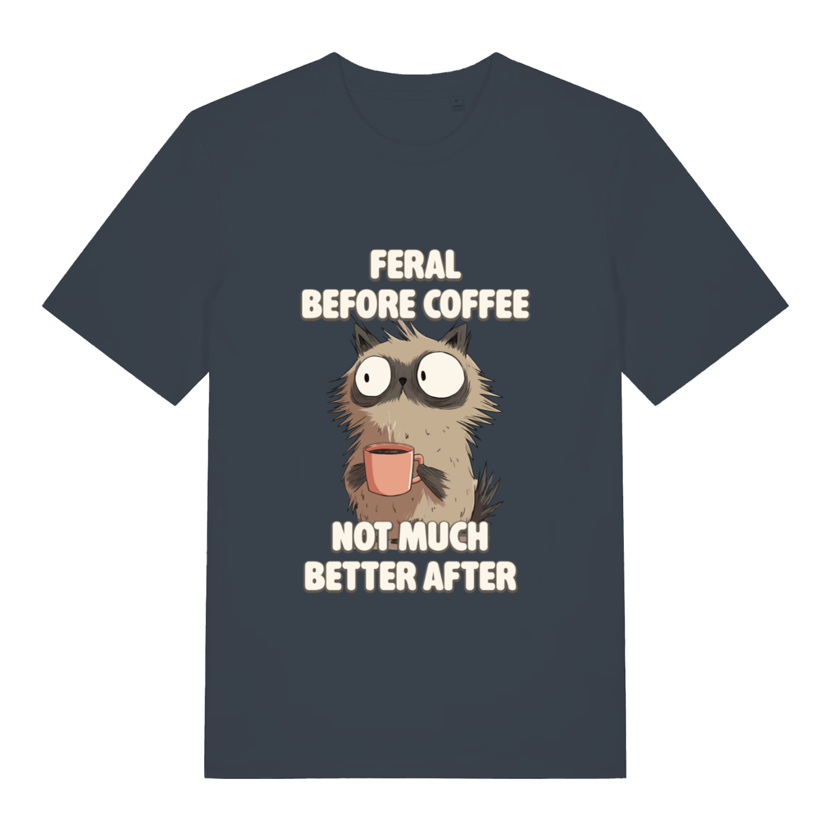 India Ink Grey Feral Before Coffee T-shirt flat lay with feral cat coffee pun illustration