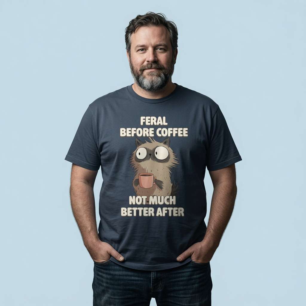 Bearded man with hands in pockets in india ink grey Feral Before Coffee tee, funny witty coffee graphic