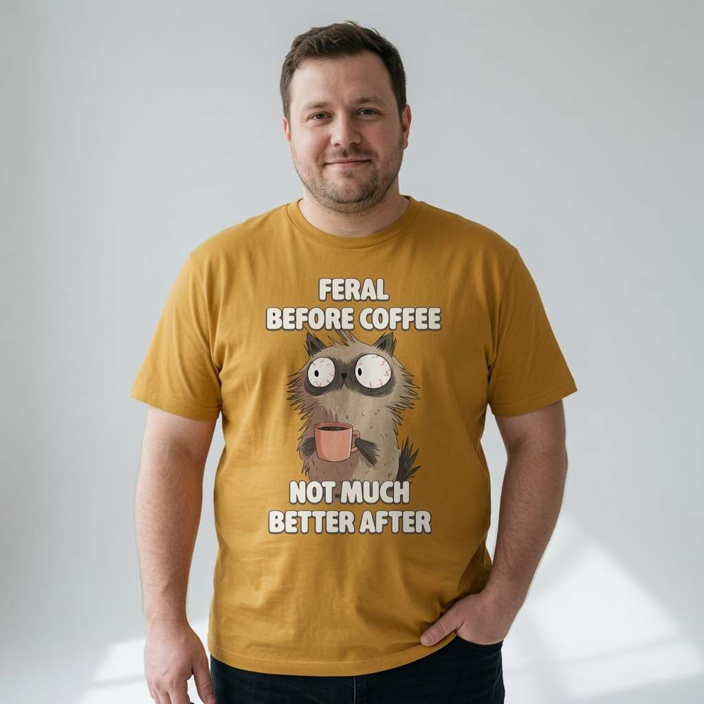 Man posing with hand in pocket in ochre Feral Before Coffee t-shirt, funny witty cat graphic