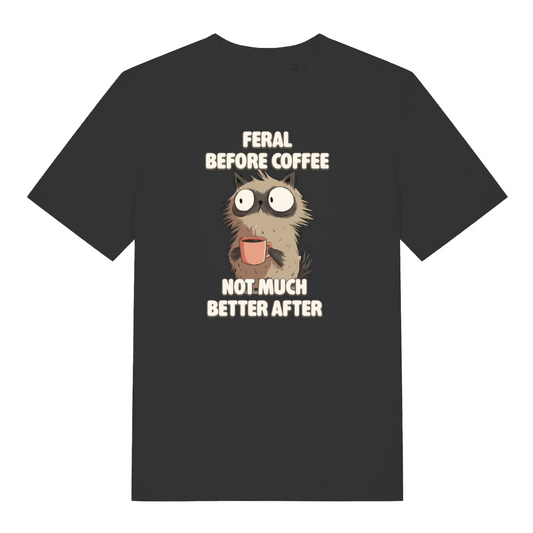 black women's funny animal t-shirt with the graphic of a cat drinking a cup of coffee and the slogan 'feral before coffee not much better after'