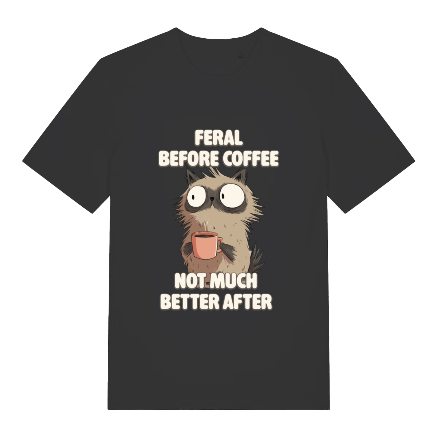 Black women's Feral Before Coffee T-shirt flat lay with wild-eyed cat holding mug graphic