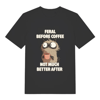Black women's Feral Before Coffee T-shirt flat lay with wild-eyed cat holding mug graphic