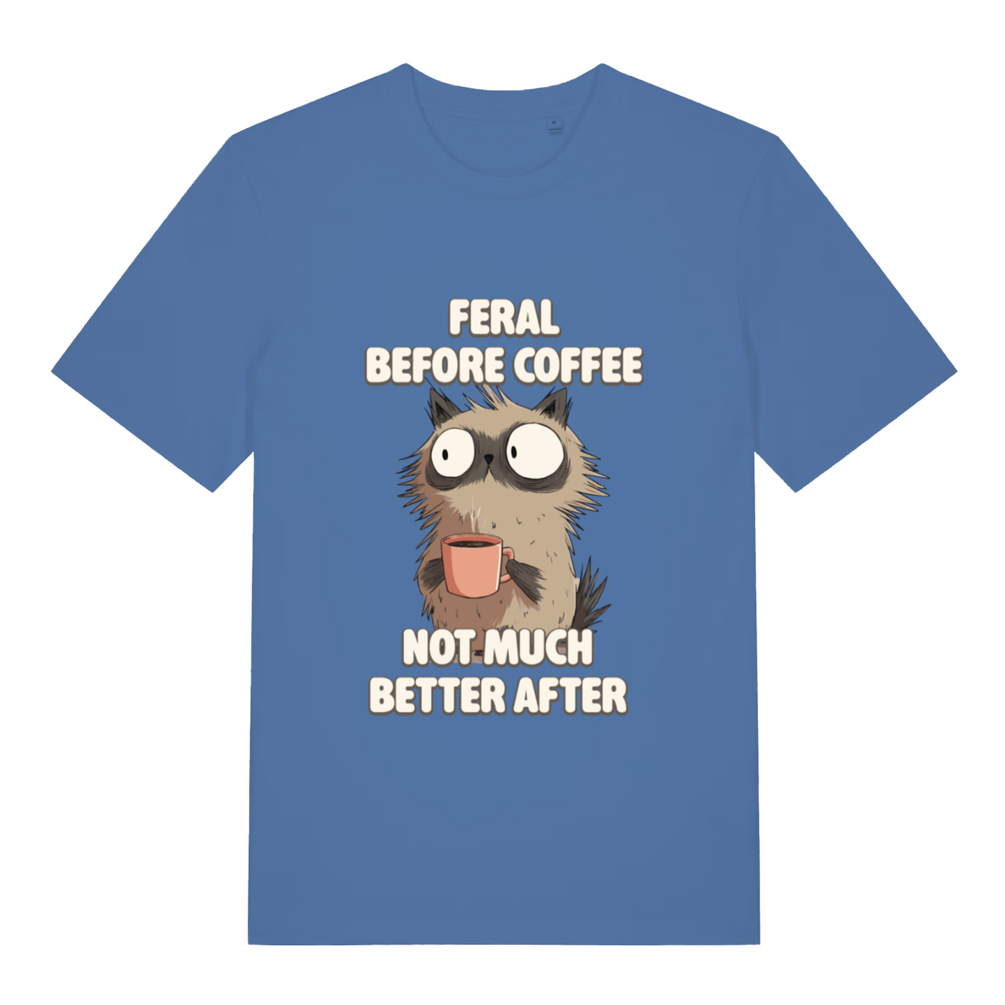 Bright Blue women's Feral Before Coffee T-shirt flat lay featuring funny feral cat coffee slogan