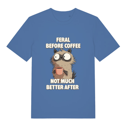 Bright Blue women's Feral Before Coffee T-shirt flat lay featuring funny feral cat coffee slogan