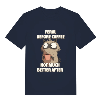 French Navy women's Feral Before Coffee T-shirt flat lay with feral cat coffee pun illustration