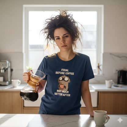 woman pouring a cup of coffee whilst wearing a navy funny graphic t-shirt