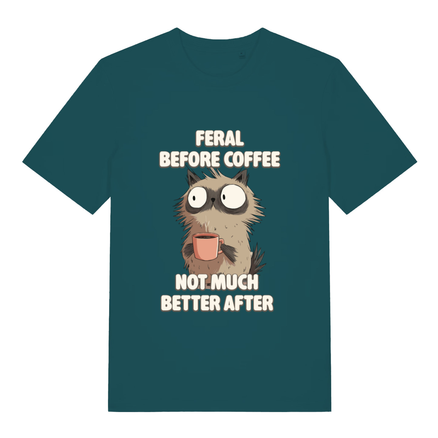 Stargazer women's Feral Before Coffee T-shirt flat lay with "Feral Before Coffee Not Much Better After" graphic