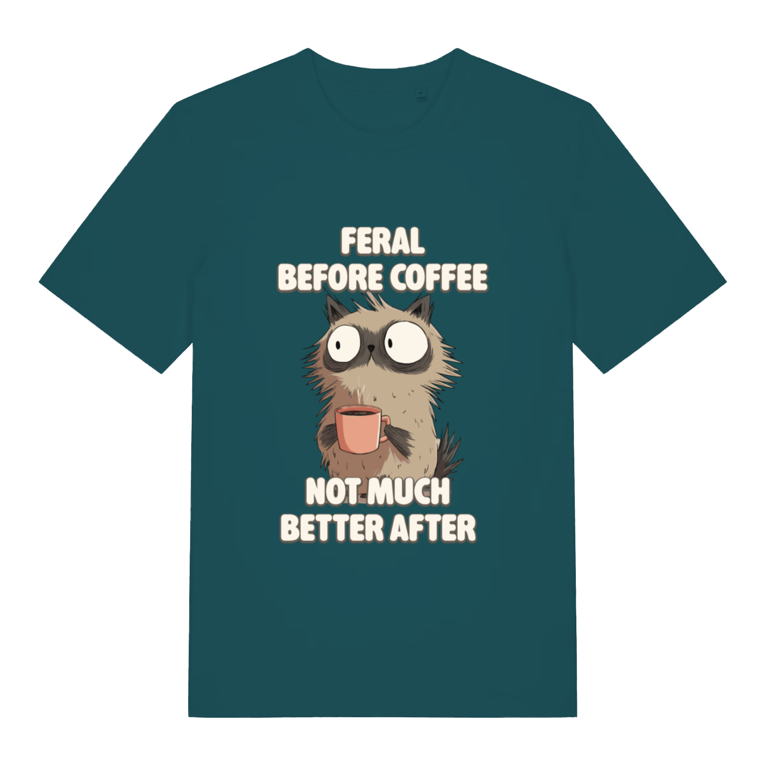 Stargazer women's Feral Before Coffee T-shirt flat lay with "Feral Before Coffee Not Much Better After" graphic