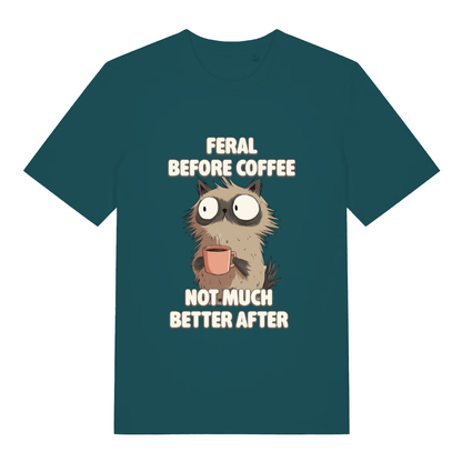 Stargazer women's Feral Before Coffee T-shirt flat lay with "Feral Before Coffee Not Much Better After" graphic