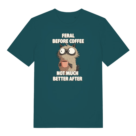 teal women's funny animal t-shirt with the graphic of a cat drinking a cup of coffee and the slogan 'feral before coffee not much better after'