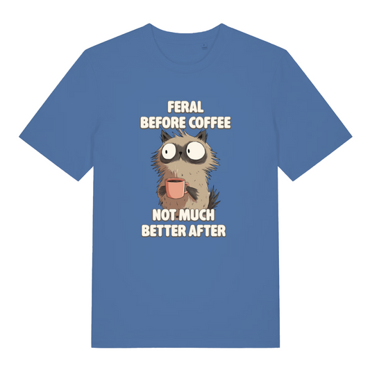 blue funny animal t-shirt with the graphic of a cat and the slogan 'feral before coffee not much better after'