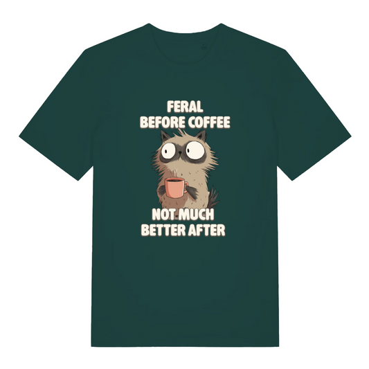 green funny animal t-shirt with the graphic of a cat and the slogan 'feral before coffee not much better after'