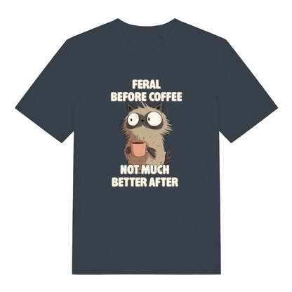 ink grey funny animal t-shirt with the graphic of a cat and the slogan 'feral before coffee not much better after'