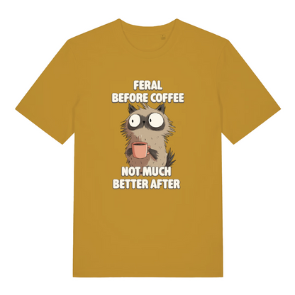 mustard funny animal t-shirt with the graphic of a cat and the slogan 'feral before coffee not much better after'