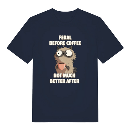 navy funny animal t-shirt with the graphic of a cat and the slogan 'feral before coffee not much better after'