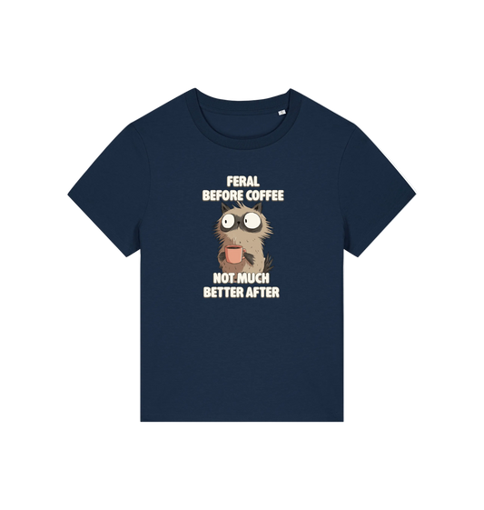 navy funny animal tee with the graphic of a cartoon cat holding a cup of coffee and the slogan 'feral before coffee, not much better after'
